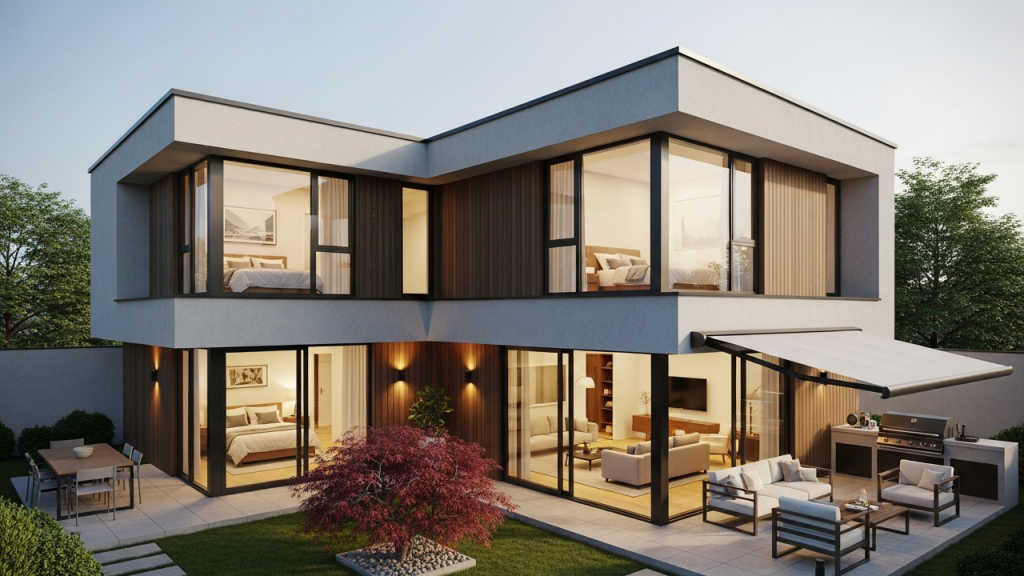 Casa em L com 2 suítes, jardim central e pátio lateral protegido ideal para famílias urbanas