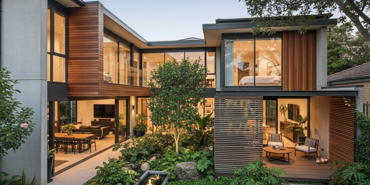 Casa em L com 2 suítes, jardim central e pátio lateral protegido ideal para famílias urbanas