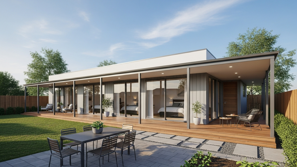 Casa térrea linear com 3 dormitórios, varanda contínua e quintal funcional para famílias urbanas