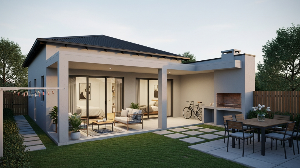 Casa térrea linear com 3 dormitórios, varanda contínua e quintal funcional para famílias urbanas