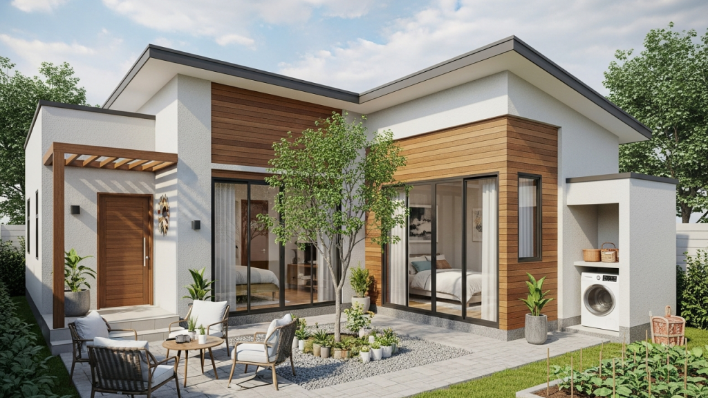 Casa térrea compacta com 2 dormitórios, jardim interno e quintal funcional para terrenos estreitos