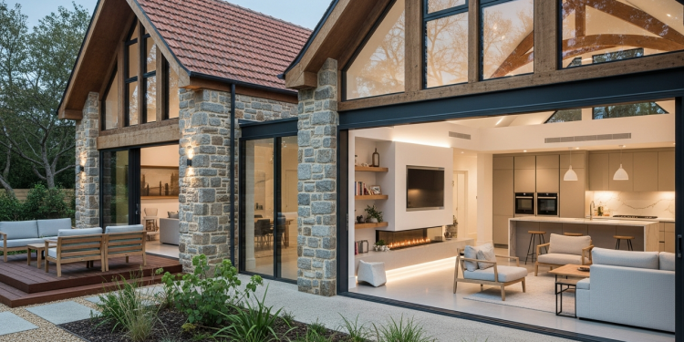 Projeto residencial que une rusticidade externa e interiores modernos para conforto diário da família