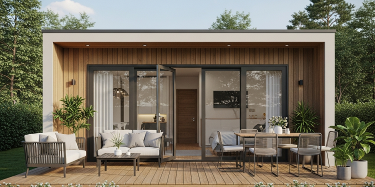 Casa compacta de 58 metros quadrados com deck frontal perfeito para lazer e integração entre ambientes internos e externos
