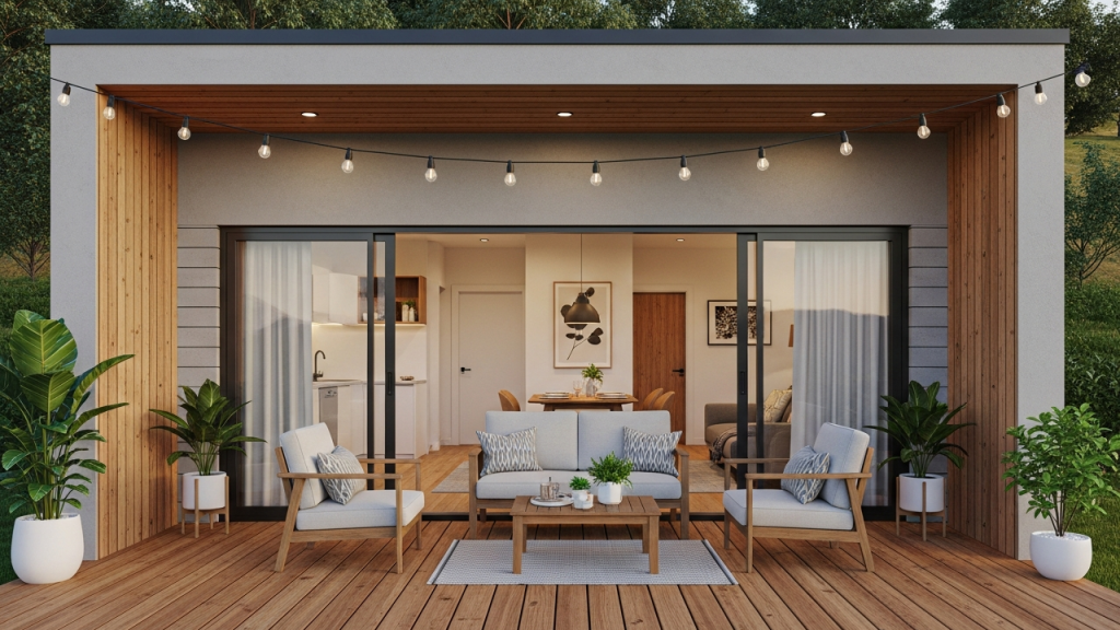 Casa compacta de 58 metros quadrados com deck frontal perfeito para lazer e integração entre ambientes internos e externos