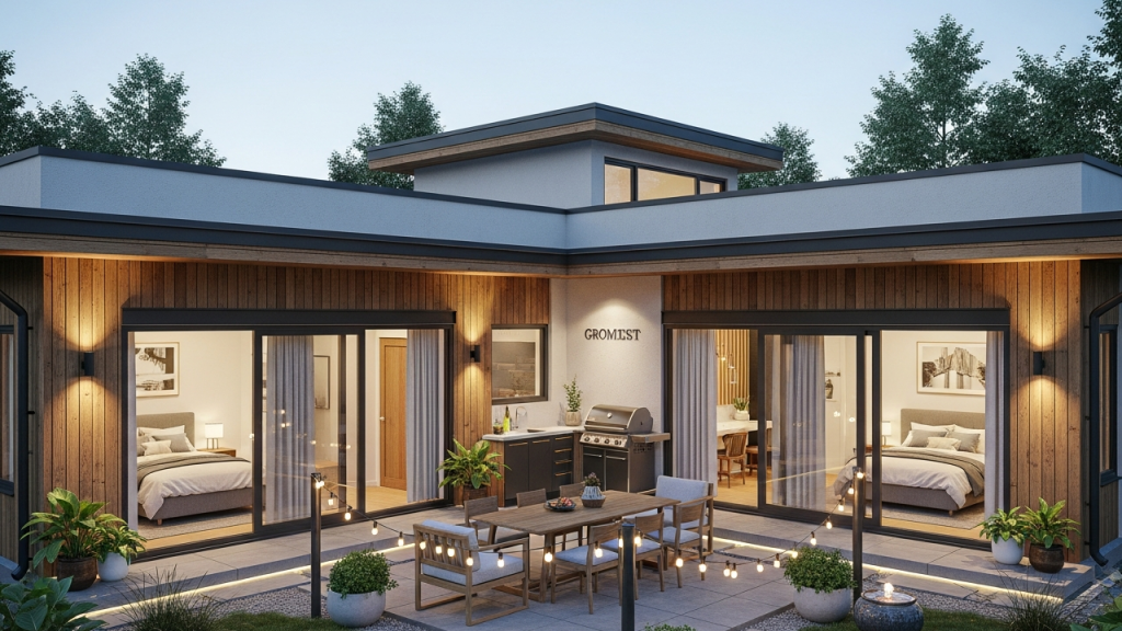 Casa térrea em U com 2 dormitórios, pátio central e área gourmet integrada para famílias pequenas