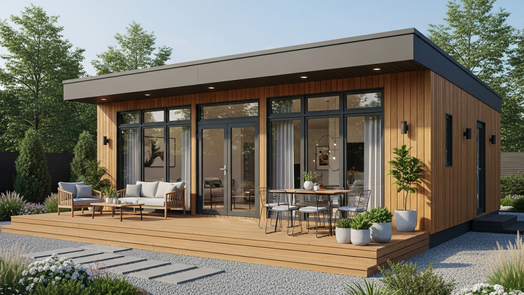 Casa compacta de 58 metros quadrados com deck frontal perfeito para lazer e integração entre ambientes internos e externos