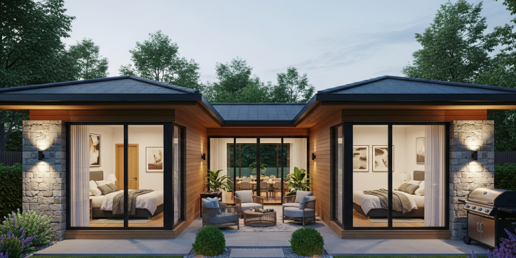 Casa térrea em U com 2 dormitórios, pátio central e área gourmet integrada para famílias pequenas