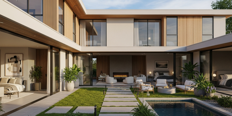 Projeto moderno de casa em U com 3 dormitórios, sala integrada e pátio central perfeito para convivência