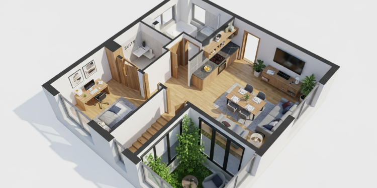 Projeto funcional com 1 suíte, escritório e jardim interno para moradia prática em 74 metros quadrados