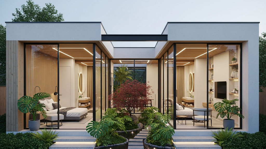 Casa térrea moderna com 2 suítes e jardim interno ideal para áreas urbanas compactas