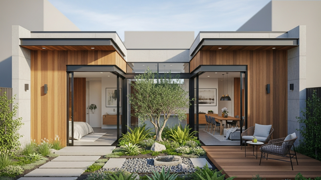 Casa térrea moderna com 2 suítes e jardim interno ideal para áreas urbanas compactas