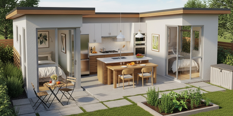 Projeto de casa térrea compacta com 2 quartos, cozinha integrada e quintal funcional