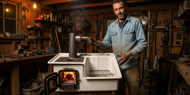 Sozinho, ele transformou uma pia velha em um fogão a lenha funcional