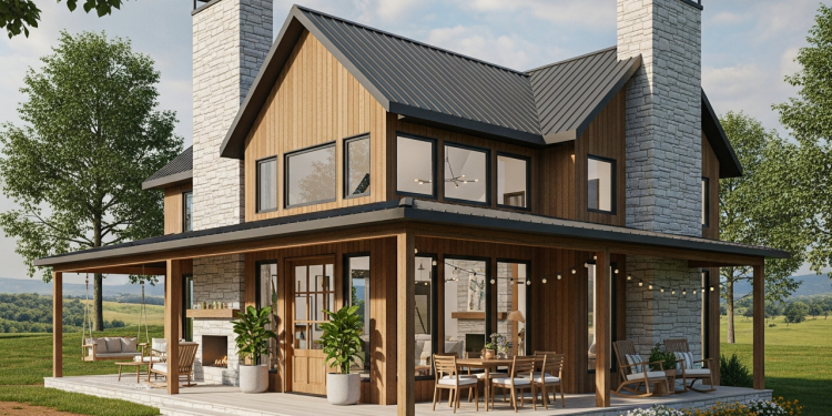 Casa de campo aconchegante com 2 a 3 quartos, varanda e circulação fluida para família moderna