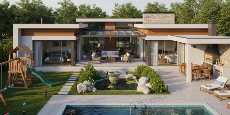 Casa de campo em L: conforto, ventilação natural e integração perfeita com o jardim central