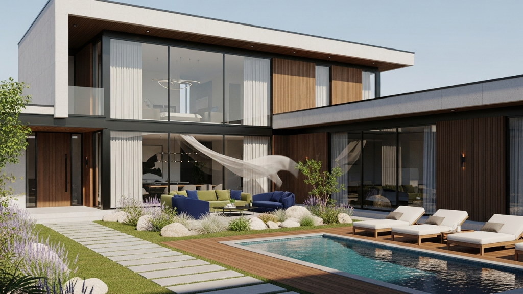 Casa térrea linear de 92 metros quadrados com 2 dormitórios, varanda gourmet e integração com pátio interno