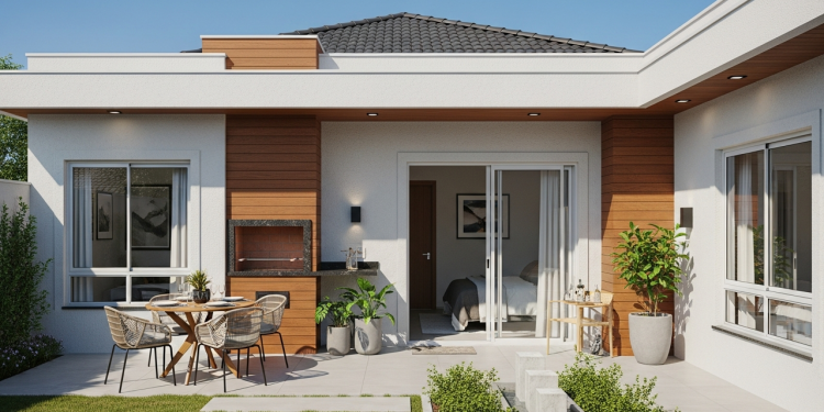 Casa térrea linear de 92 metros quadrados com 2 dormitórios, varanda gourmet e integração com pátio interno
