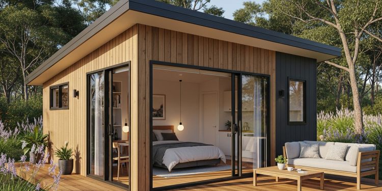 Casa térrea compacta de 60 metros quadrados com 1 dormitório, deck frontal e integração total com o exterior