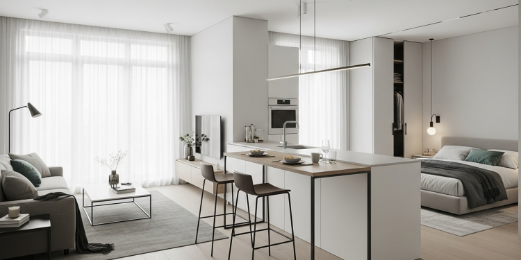 Projeto minimalista para casal jovem com iluminação natural, layout aberto e ambientes funcionais