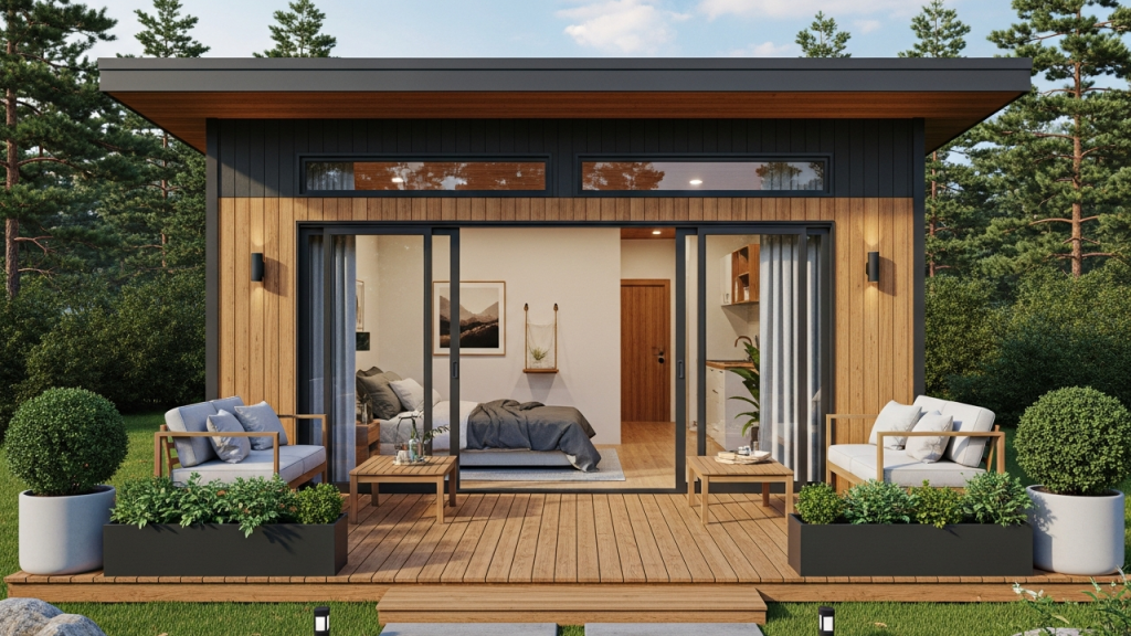 Casa térrea compacta de 60 metros quadrados com 1 dormitório, deck frontal e integração total com o exterior