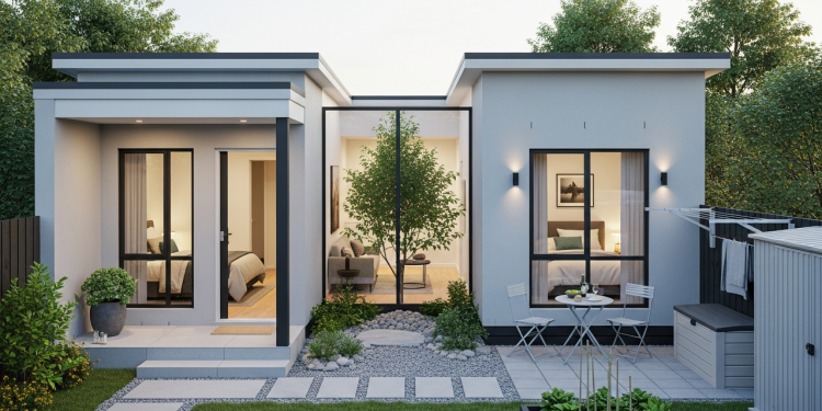 Casa térrea compacta com 2 dormitórios, jardim interno e quintal funcional para terrenos estreitos