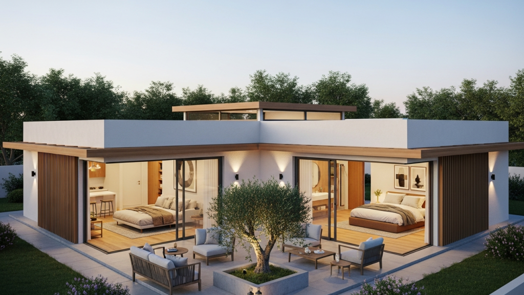 Casa térrea em L de 110 metros quadrados com 2 suítes e pátio central valoriza conforto e integração