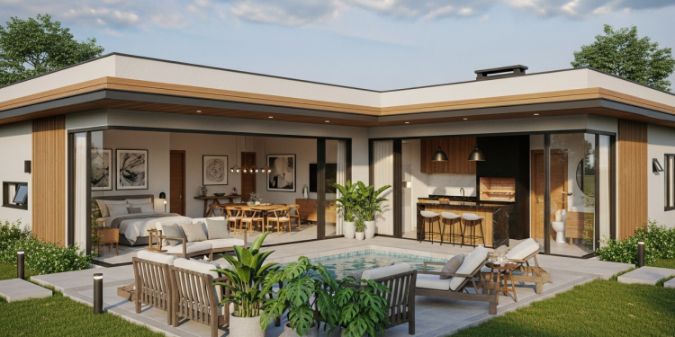 Casa térrea em U de 106 metros quadrados com 2 suítes, área gourmet e pátio central integrado ao lazer