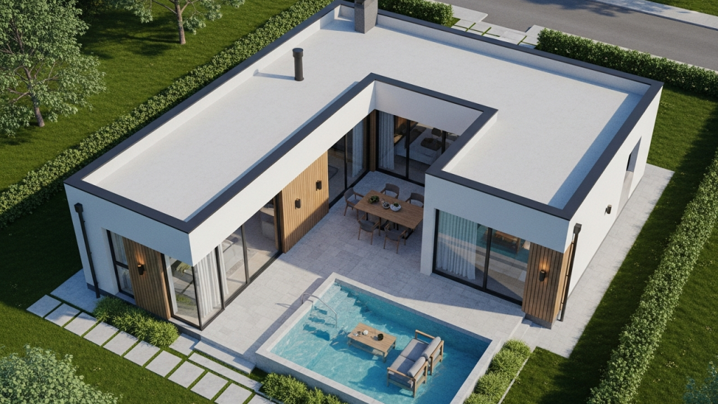 Casa térrea em U de 106 metros quadrados com 2 suítes, área gourmet e pátio central integrado ao lazer