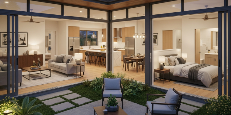 Casa integrada com pátio, jardim, sala, cozinha, 2 quartos e banheiro social para famílias