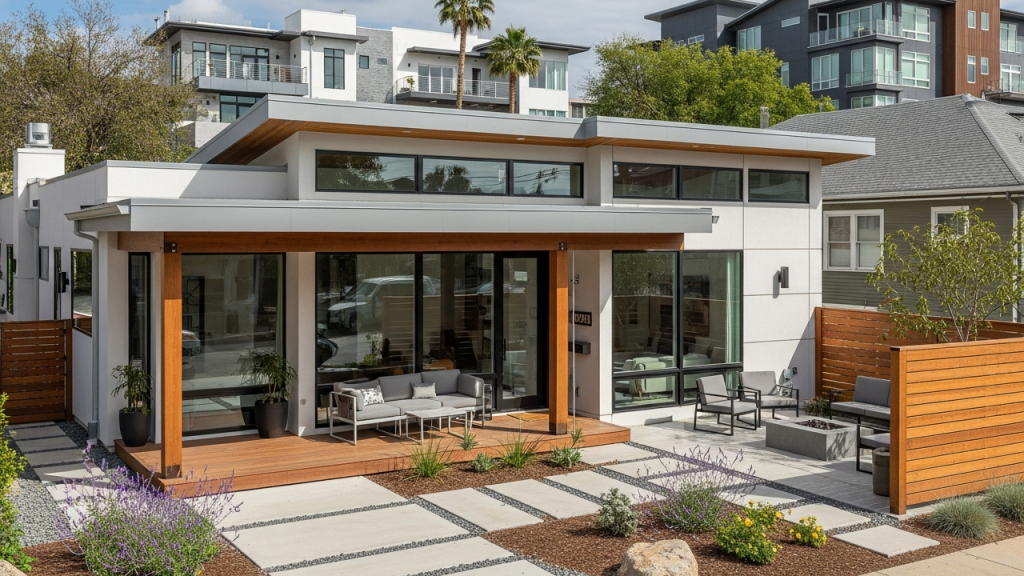 Casa térrea linear moderna com 2 suítes, varanda frontal e pátio posterior em áreas urbanas