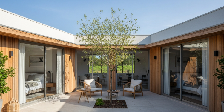 Casa térrea em L de 110 metros quadrados com 2 suítes e pátio central valoriza conforto e integração