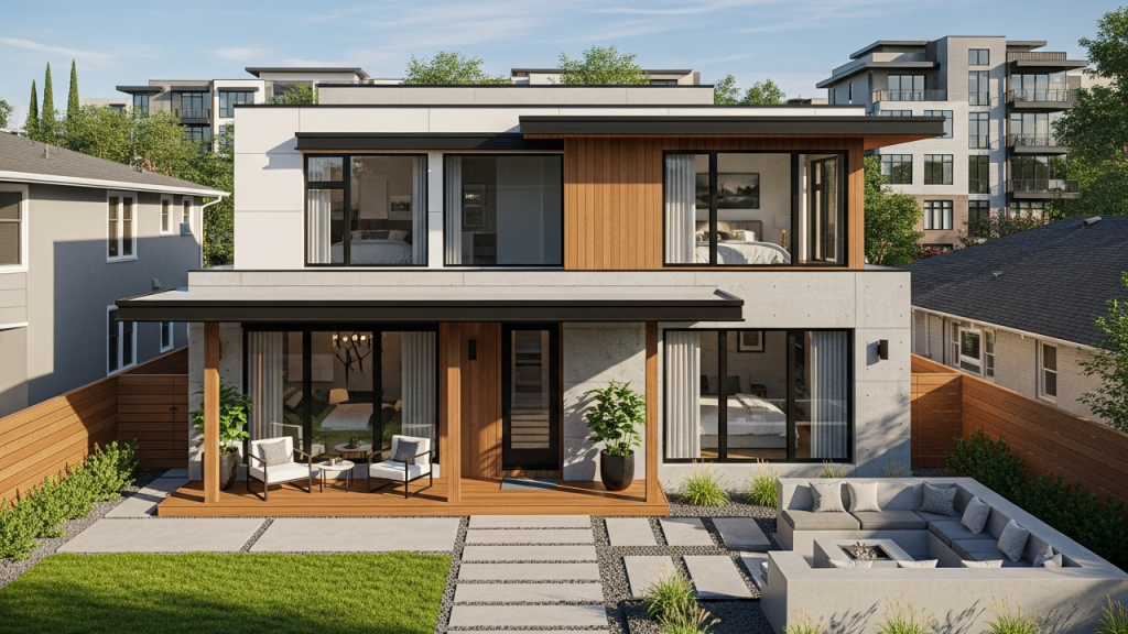 Casa térrea linear moderna com 2 suítes, varanda frontal e pátio posterior em áreas urbanas