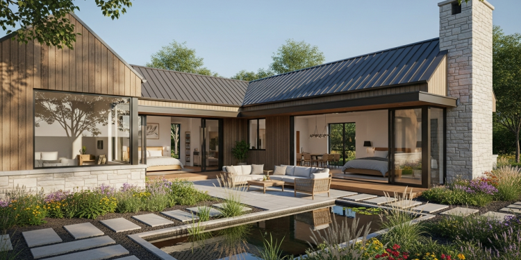 Casa de campo em L com pátio central, 2 quartos, sala integrada e conexão total com a natureza