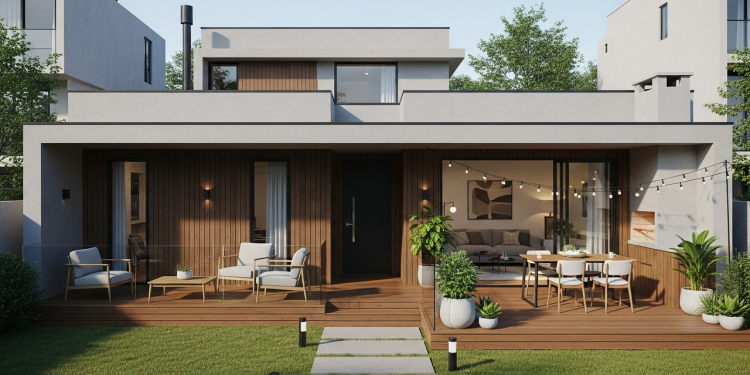 Casa térrea linear moderna com 2 suítes, varanda frontal e pátio posterior em áreas urbanas