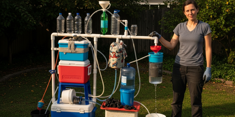 Sozinha, ela fez uma usina de água primitiva utilizando apenas materiais de casa