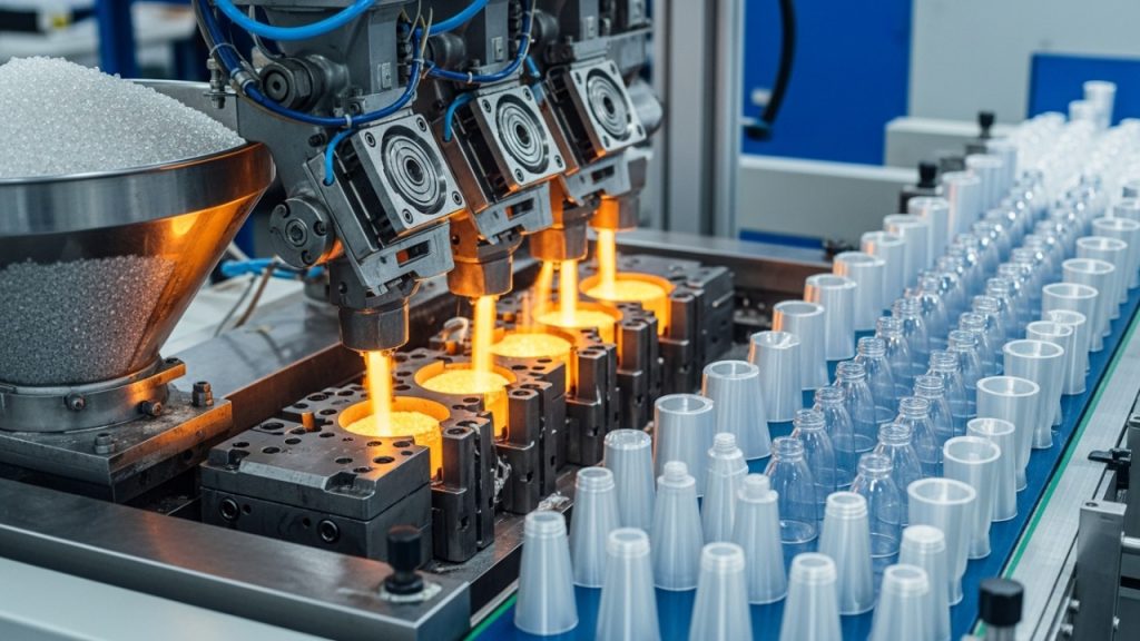 Com linhas automatizadas produzindo milhares de unidades por hora, o plástico vira embalagens descartáveis