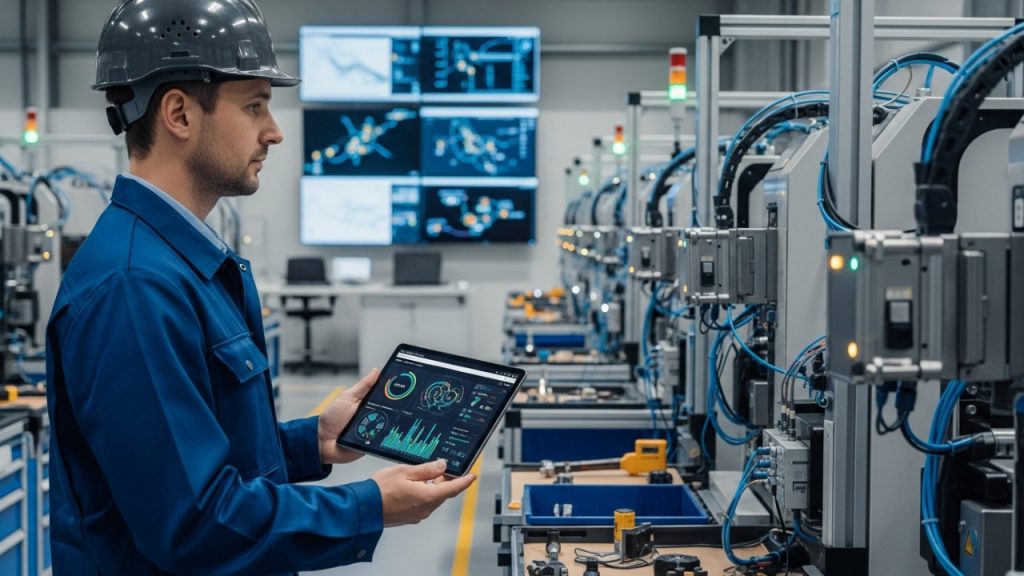 Técnico especialista realizando análise de vibração e termografia infravermelha em motor industrial de alta potência