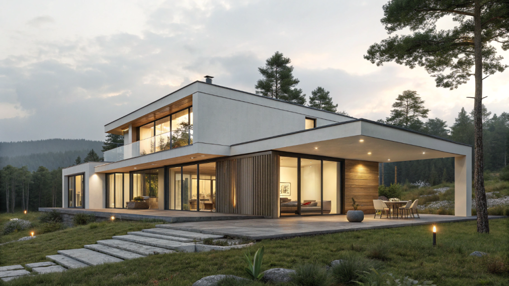 Projeto de casa minimalista com 2 suítes, escritório e alto desempenho térmico residencial