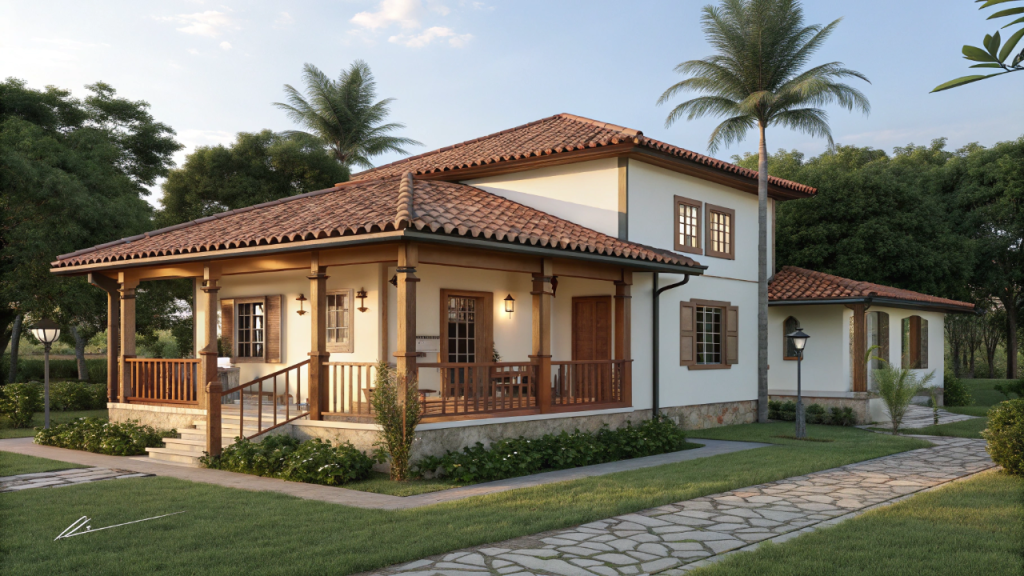 Casa térrea clássica com 3 quartos, varanda frontal e telhado colonial para rotina familiar