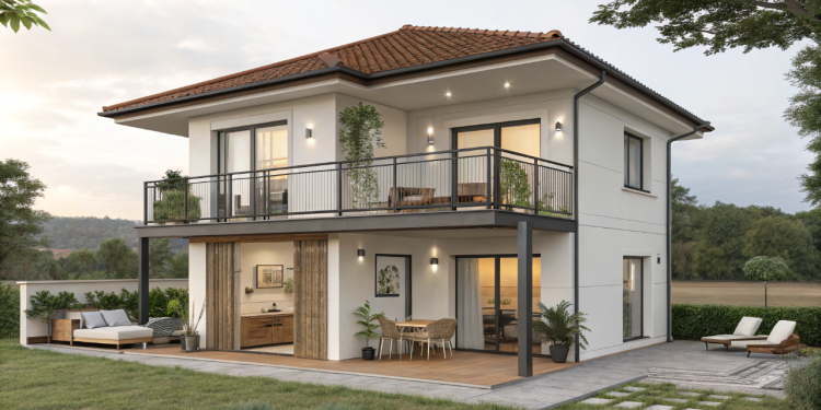 Casa compacta de 100 metros quadrados com suíte, sala integrada e varanda para famílias que buscam conforto e praticidade