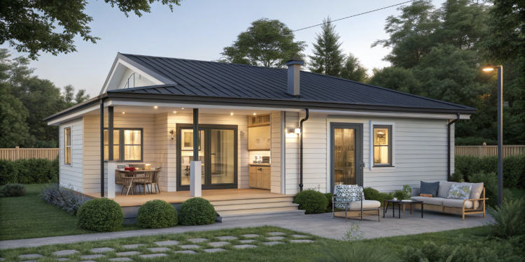 Casa compacta e elegante de 55 metros quadrados com ambientes integrados e pátio funcional para pequenas famílias