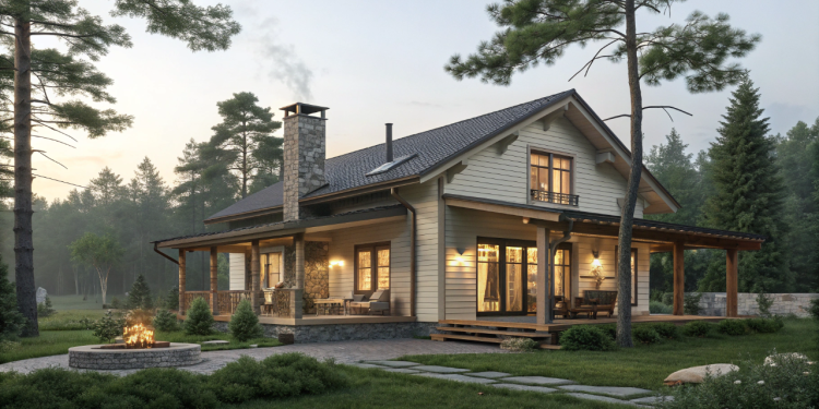 Casa de campo aconchegante com varanda frontal, lareira central e integração total à natureza