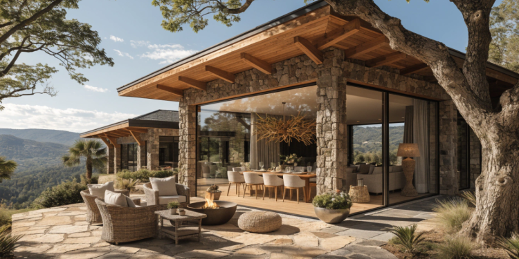 Projeto funcional de casa de campo com 2 quartos, lareira e integração perfeita entre interior e exterior