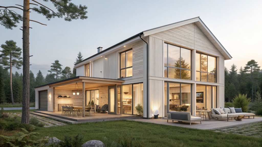 Casa escandinava minimalista para terreno estreito com ambientes integrados e alto conforto