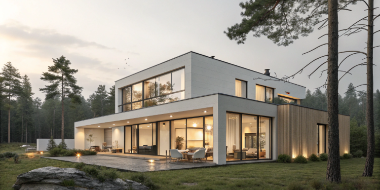 Casa escandinava minimalista para terreno estreito com ambientes integrados e alto conforto