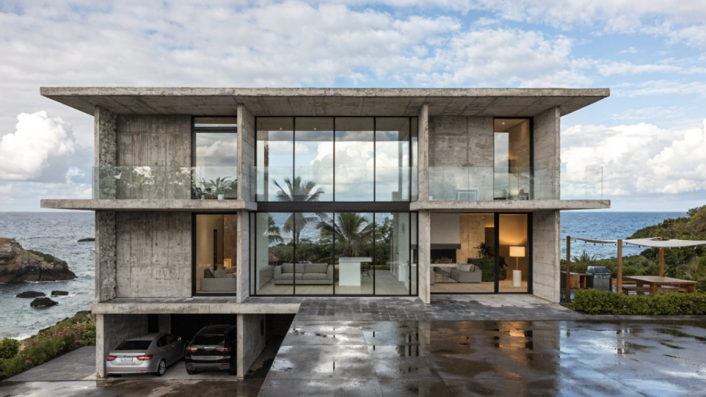 Casa moderna em concreto aparente com layout funcional e alto conforto térmico para famílias