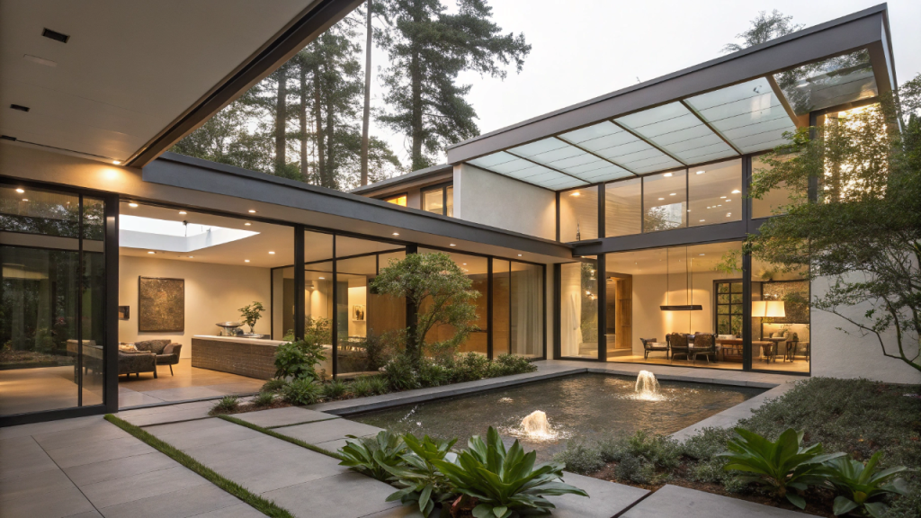 Casa moderna com pátio interno e iluminação zenital garante conforto térmico e integração dos ambientes