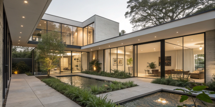 Casa moderna com pátio interno e iluminação zenital garante conforto térmico e integração dos ambientes