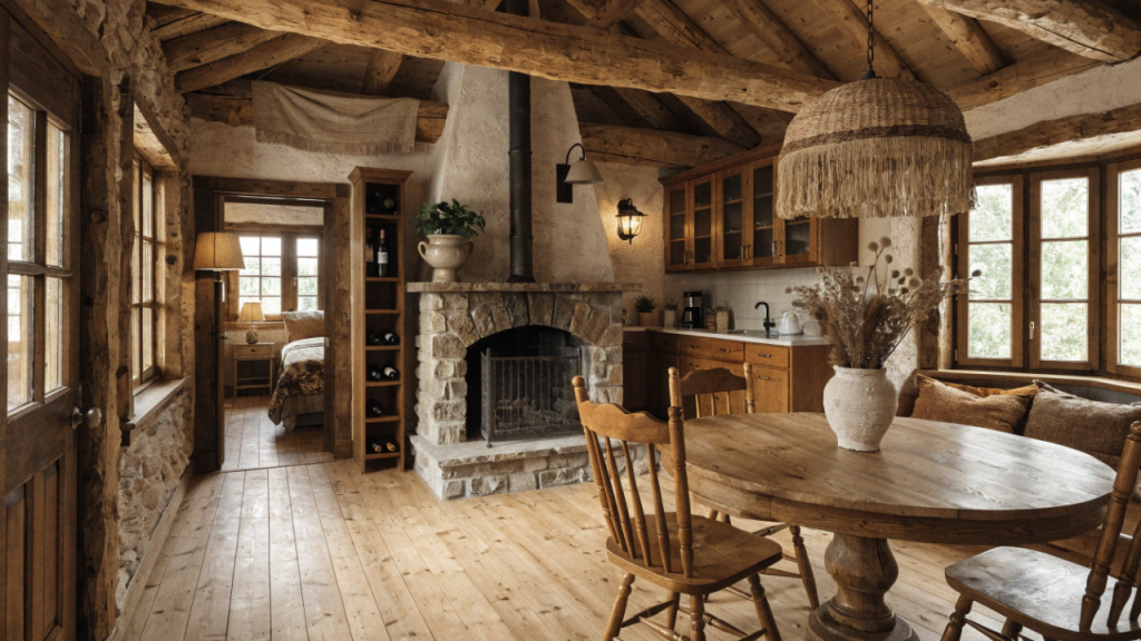 Casa rústica compacta de 70 metros quadrados com 2 quartos une conforto térmico e estilo acolhedor