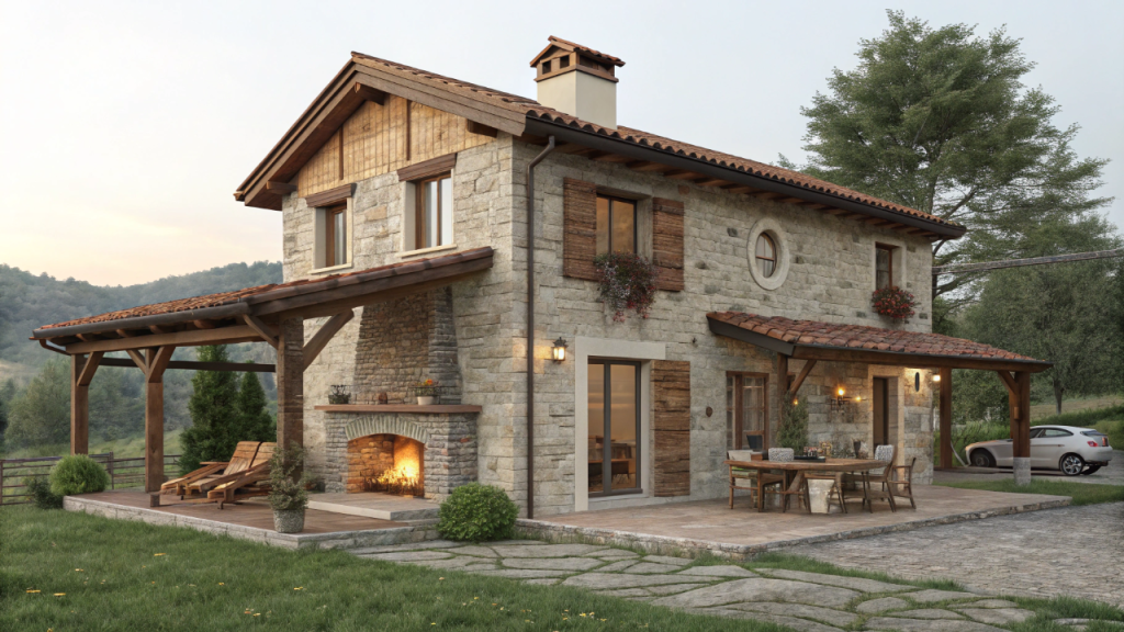 125 metros quadrados de estilo campestre: casa rústica com lareira, varanda ampla e jardim para famílias jovens